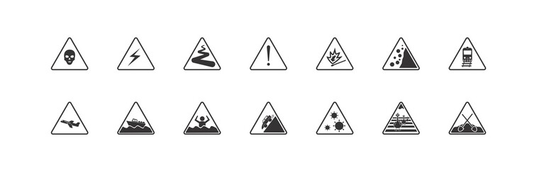 Black and white caution sign icon. Set of hazard warning signs. Collection of vector illustrations of beware icons.