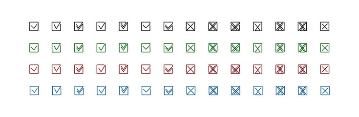 Icons of colored check marks and crosses in squares. Set of vector illustrations of cross and check mark icons in black, green, red and blue.