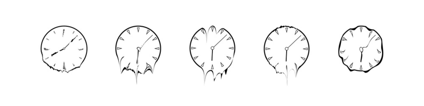 Dali clock icons set. Molten watch. Collection of vector illustrations of Salvador Dali deformed clock icons isolated on white background.