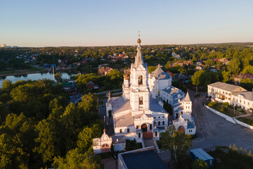 Aerial view of Perm and historical building, Kama river with bridge in sunny summer day with green...
