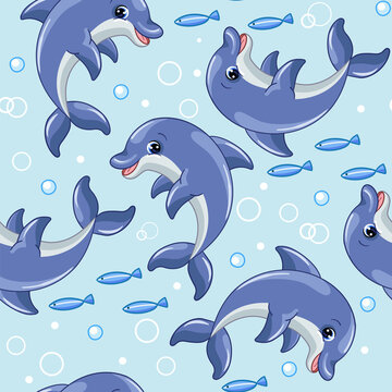 Seamless vector pattern with cute cartoon dolphins