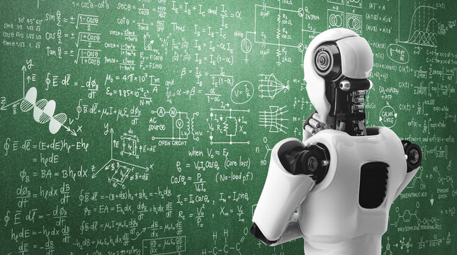 Thinking AI humanoid robot analyzing screen of mathematics formula and science equation by using artificial intelligence and machine learning process for the 4th industrial revolution. 3D illustration