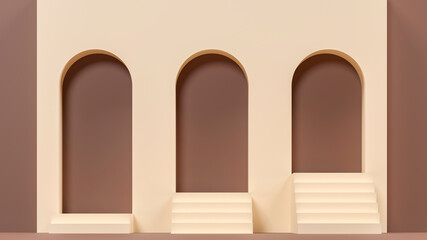 Milk chocolate arch - 3d render illustration. Abstract minimalistic architectural composition. Empty space, podium, pedestal for exhibition presentation of brand product.