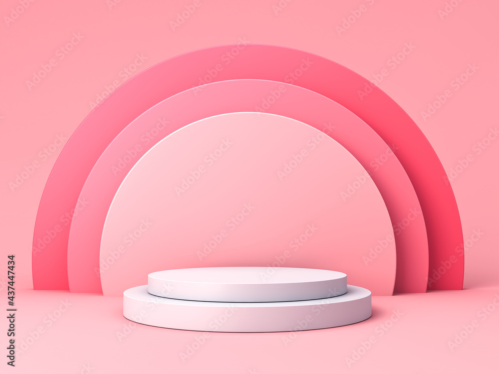 Poster blank white product podium with pink pastel color rainbow isolated on pink background minimal concep