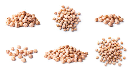Pile of raw chickpeas isolated on white background