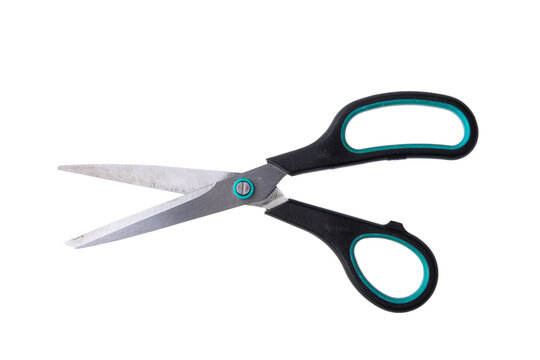 Used scissors in black with blue color on white background 