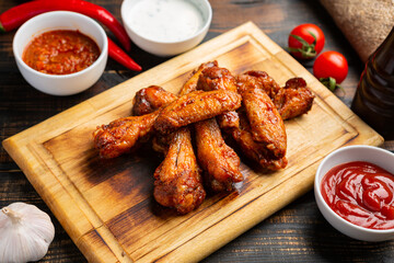 Baked chicken wings served with different sauces