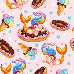 Fototapeta premium Seamless vector pattern cute mermaid and corals