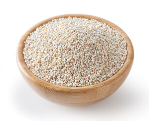 Dried white quinoa seeds in wooden bowl isolated on white background with clipping path
