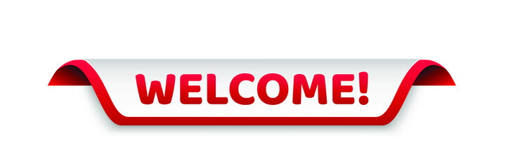 Welcome red and white 3d realistic banner. Ribbon isolated on white