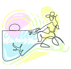 One line drawing of woman on vacation in the mountains.
One continuous line drawing of woman near the sea gesturing with her hands and sunset.
