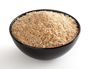 Brown rice in black bowl isolated on white background with clipping path
