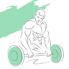 A sportive man is doing an exercise with a barbell. Bodybuilder's torso. Sketchy art lines on a white background.