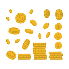 Gold coins in different angles and with different details. Yellow coins in a pile, flying sideways, depicted in a half turn and from the front side. Vector isolated illustration on white background.