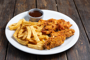 pollo frito con papas y salsa