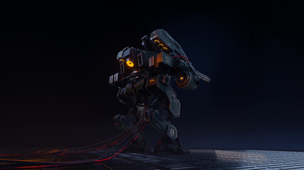 battle robot on a dark background. 3D Rendering - obrazy, fototapety, plakaty