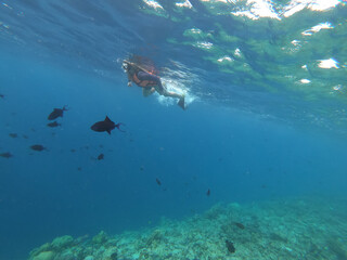 Silhouette of scuba diver and sunlight in the blue water