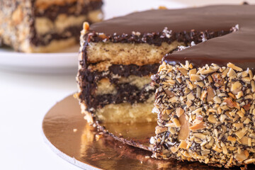 A slice of mouth-watering dark chocolate cake 