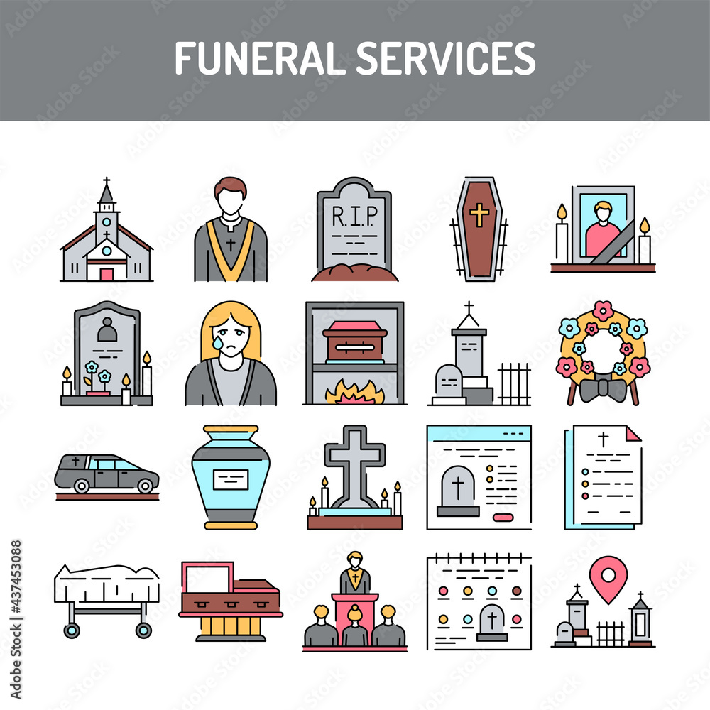 Poster funeral services line icons set. isolated vector element.