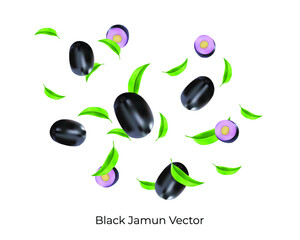 falling Jamun with slices and leaves isolated on white background 