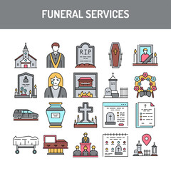 Funeral services line icons set. Isolated vector element.