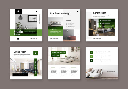 Real Estate Social Media Post Layouts with Green Accents