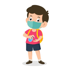 Back to school for new normal concept. Cute little kid student boy wearing face mask and use alcohol gel to clean hands. Children with bags and books for learning. Character vector illustration.