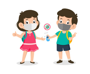 Back to school for new normal. Cute little kid student boy and girl wearing face mask and use alcohol gel to clean hands. Children with bags and books for learning. Character vector illustration.