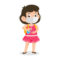 Back to school for new normal concept. Cute little kid student girl wearing face mask and use alcohol gel to clean hands. Children with bags and books for learning. Character vector illustration.