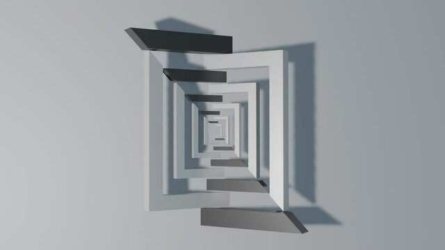 black and white three-dimensional rows of quadrangles rotate on their axis. looped animated background. 3d render