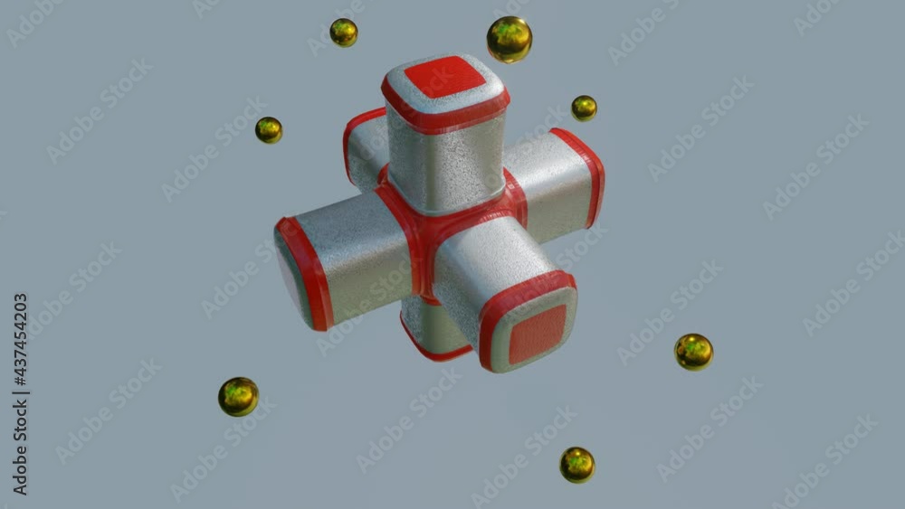 Poster golden spheres fly and bump against a rotating three-dimensional abstract figure. looped animated ba