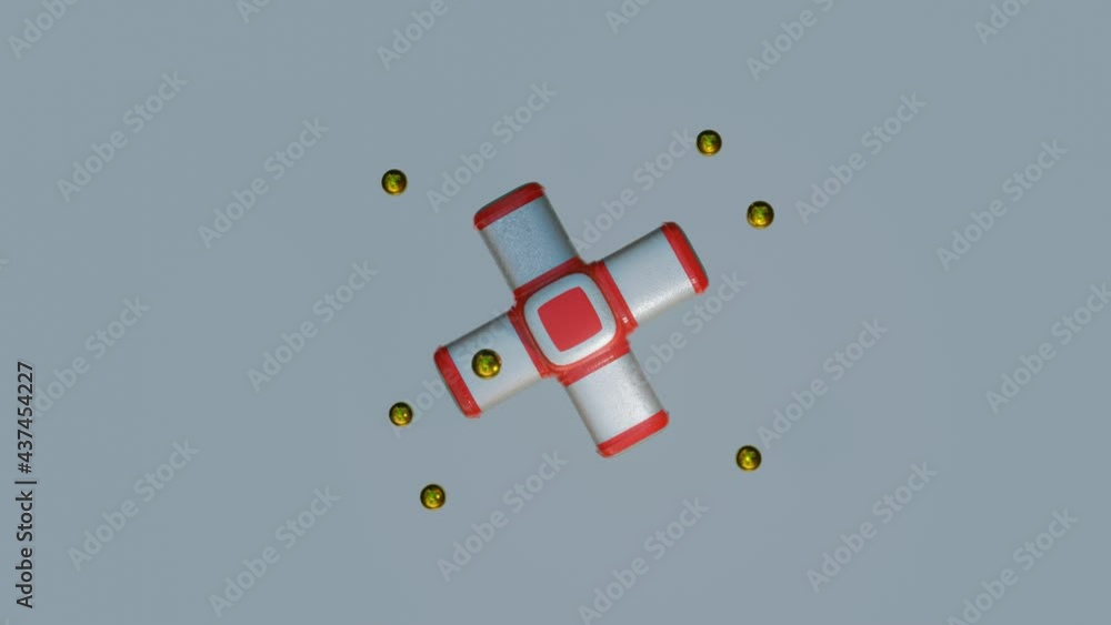 Poster golden spheres fly and bump against a rotating three-dimensional abstract figure. looped animated ba
