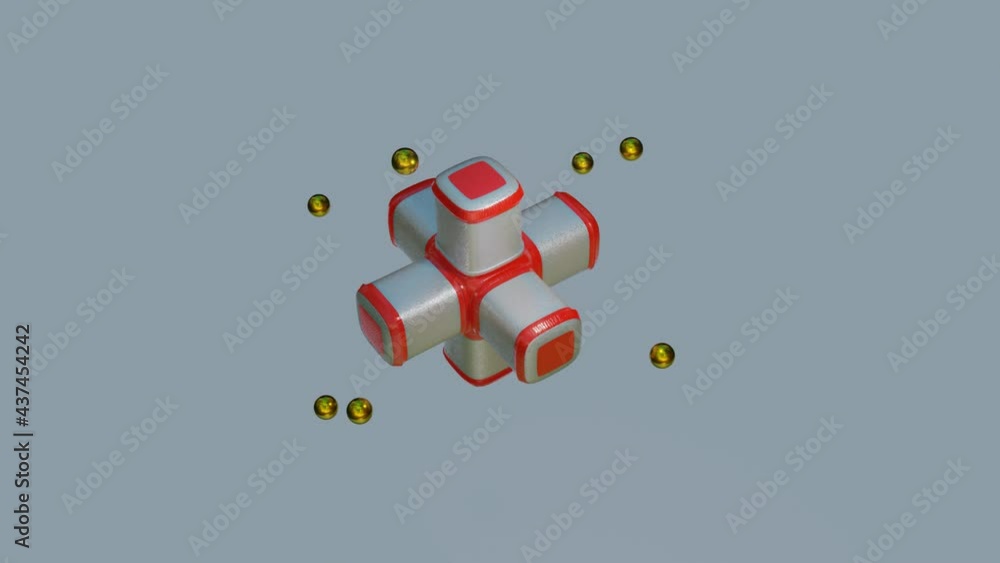 Poster golden spheres fly and bump against a rotating three-dimensional abstract figure. looped animated ba