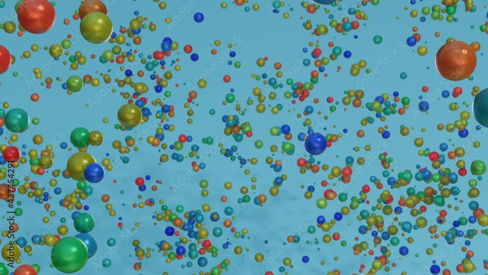 Poster many colored spheres of different sizes move slowly. looped animated background. 3d render
