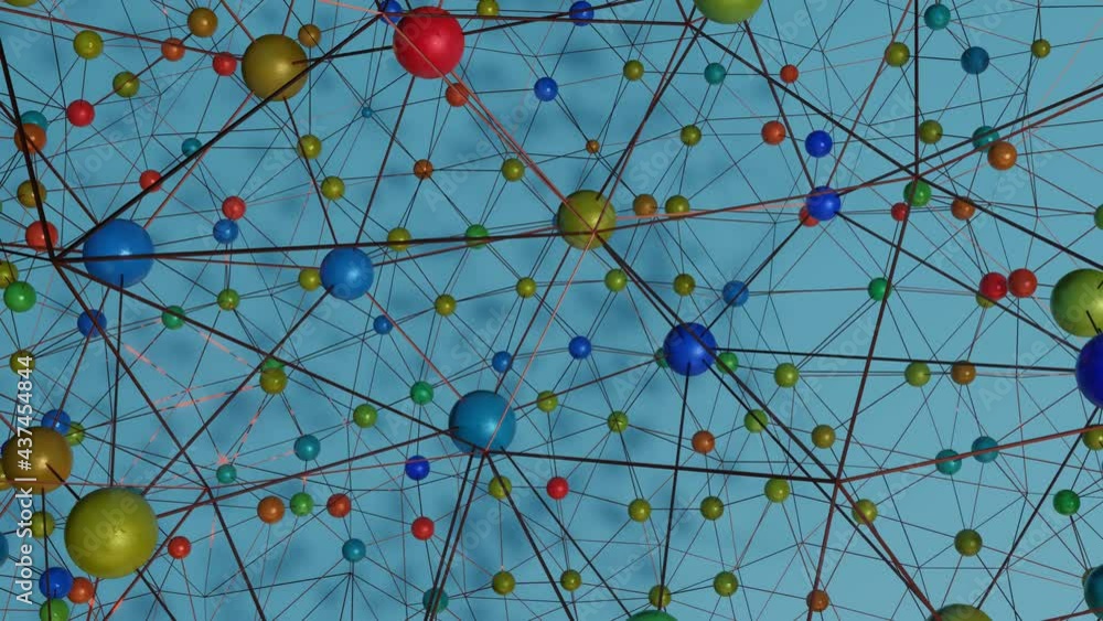Poster many colorful spheres of different sizes and a dark glittering mesh move slowly. looped animated bac