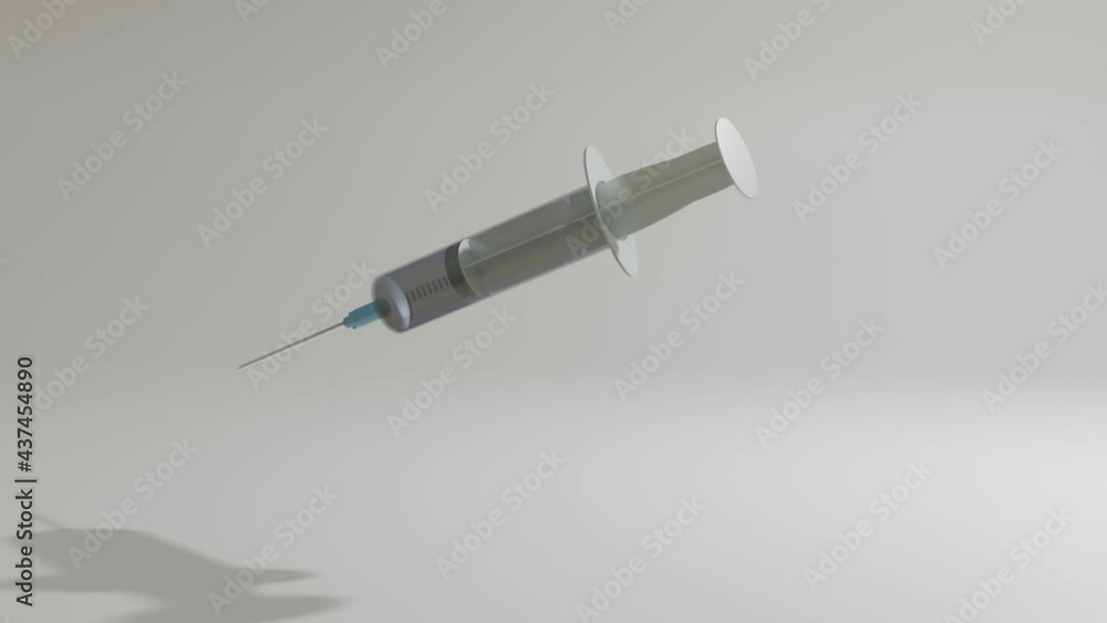 Poster a three-dimensional model of a disposable syringe rotates slowly on a gray background. looped moving