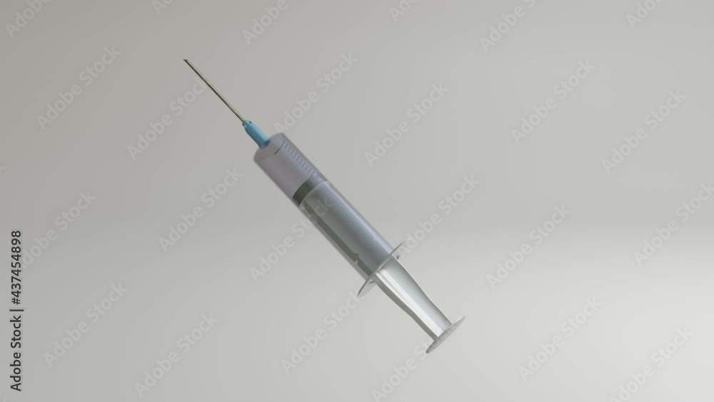 Poster a three-dimensional model of a disposable syringe rotates slowly on a gray background. looped moving