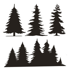Obraz premium Trees Forest Silhouettes Set vintage . Vector illustration. Tree, Christmas fir tree, black silhouette isolated on white background