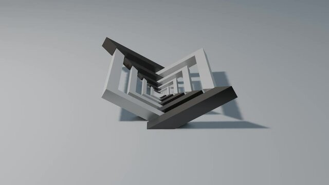 black and white three-dimensional rows of quadrangles rotate on their axis. looped animated background. 3d render
