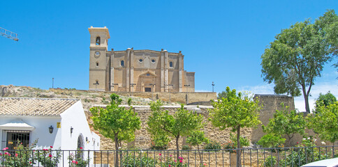Park with trees with the Collegiate church of Our Lady of the Assumption on the top, Osuna, Seville, Andalusia, Spain