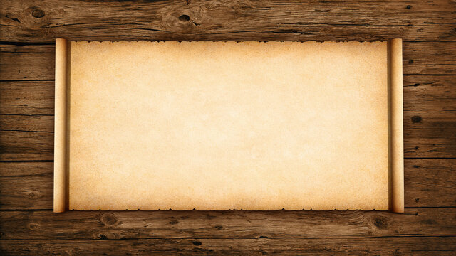 Antique parchment scroll with worn edges on a rustic wood background