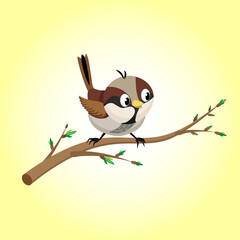 Cartoon sparrow on a branch in the spring. Vector illustration of a cartoon sparrow for animation. All the details are on separate layers with names. Editable strokes.
