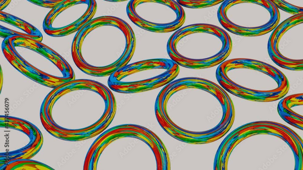 Poster the rows of rainbow rings move slowly. looped animated background. 3d render
