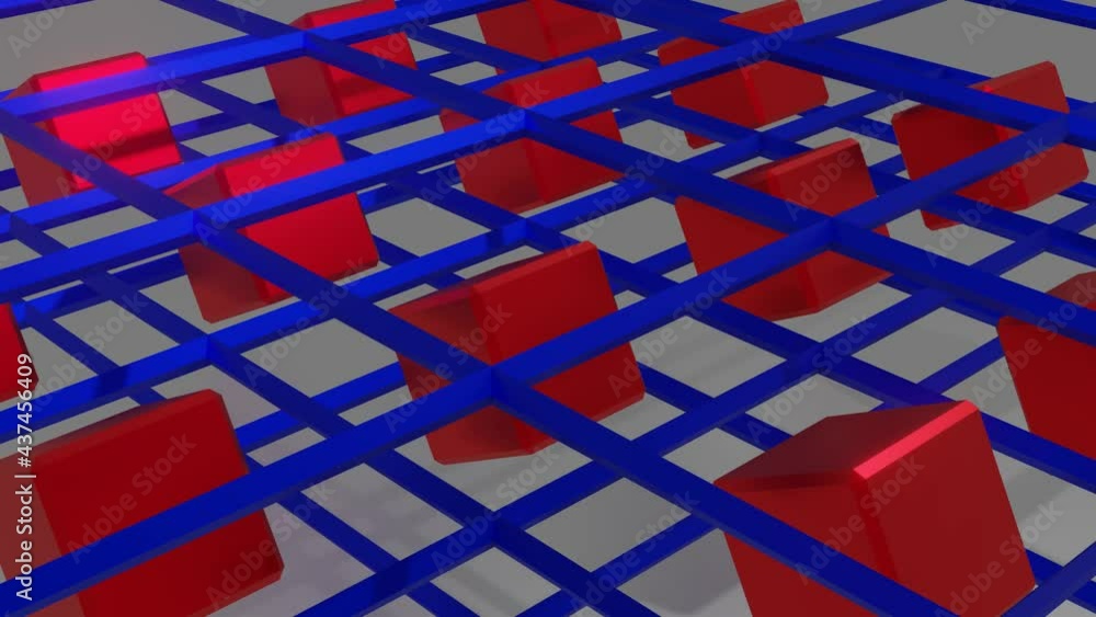 Aufkleber red cubes rotate inside the blue grid. looped animated background. 3d render