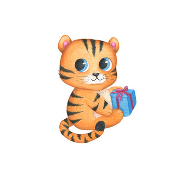 Watercolor clipart tiger cub with a gift. Hand draw illustration symbol 2022 year