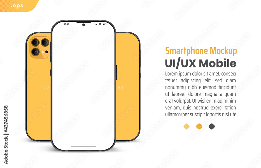 Poster Yellow Smartphone frame less blank screen. 3D phone illustration front and back. Mockup device. Template for infographics or presentation UI UX design interface.