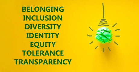 Diversity inclusion belonging equity identity tolerance transparency words written on beautiful...