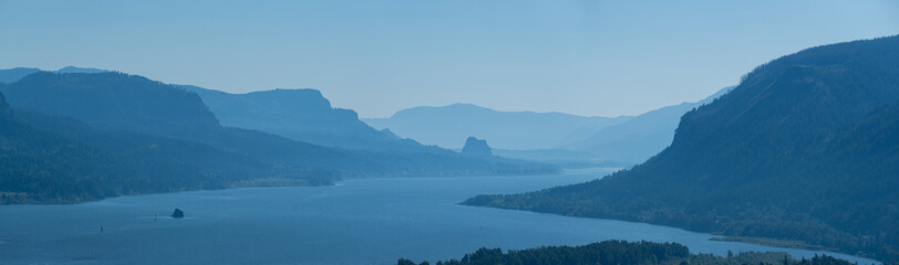 Panoramic landscape of the beautiful Columbia River Gorge, Oregon, on a tranquil morning