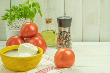 Food ingredients for a delicious Italian caprese salad