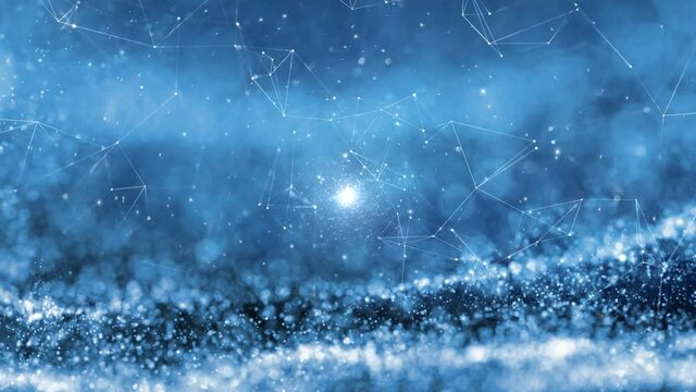 Abstract cyberspace with blurred glowing dots and lines net motion background.
